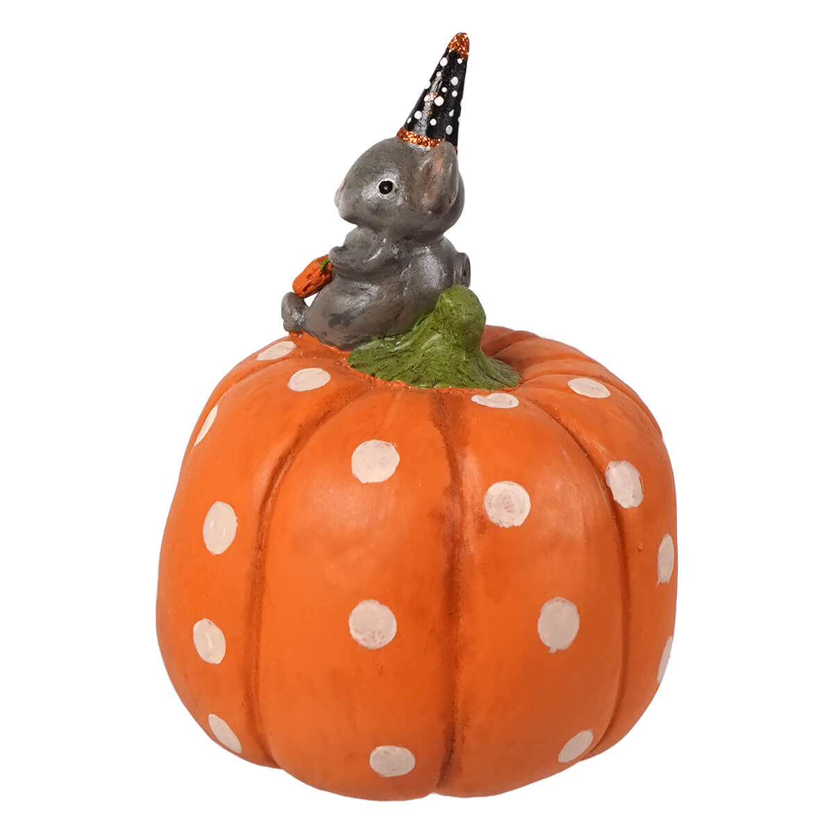 A gray halloween mouse figurine with a black and white polka-dotted party hat on an orange spotted pumpkin by kitty boo