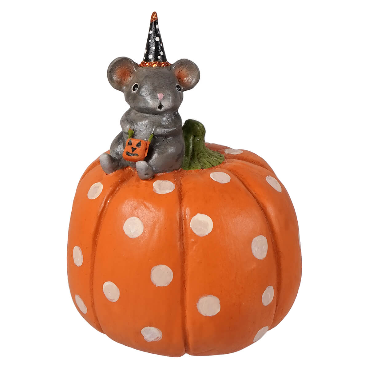 A gray mouse figurine wearing a black and white polka-dot party hat sits on an orange spotted pumpkin for halloween kitty boo decor
