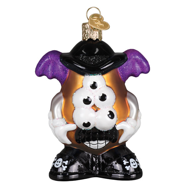 Halloween mr potato head ornament with spooky three-eyed potato and purple bat wings figural decor for tabletop use