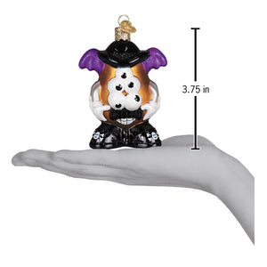 Halloween mr potato head ornament features a glass skull with purple bat wings, black top hat, and shiny boots for figural decor