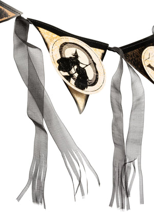 Black and cream halloween pennant garland with witch silhouette and sheer gray ribbons hanging from each flag