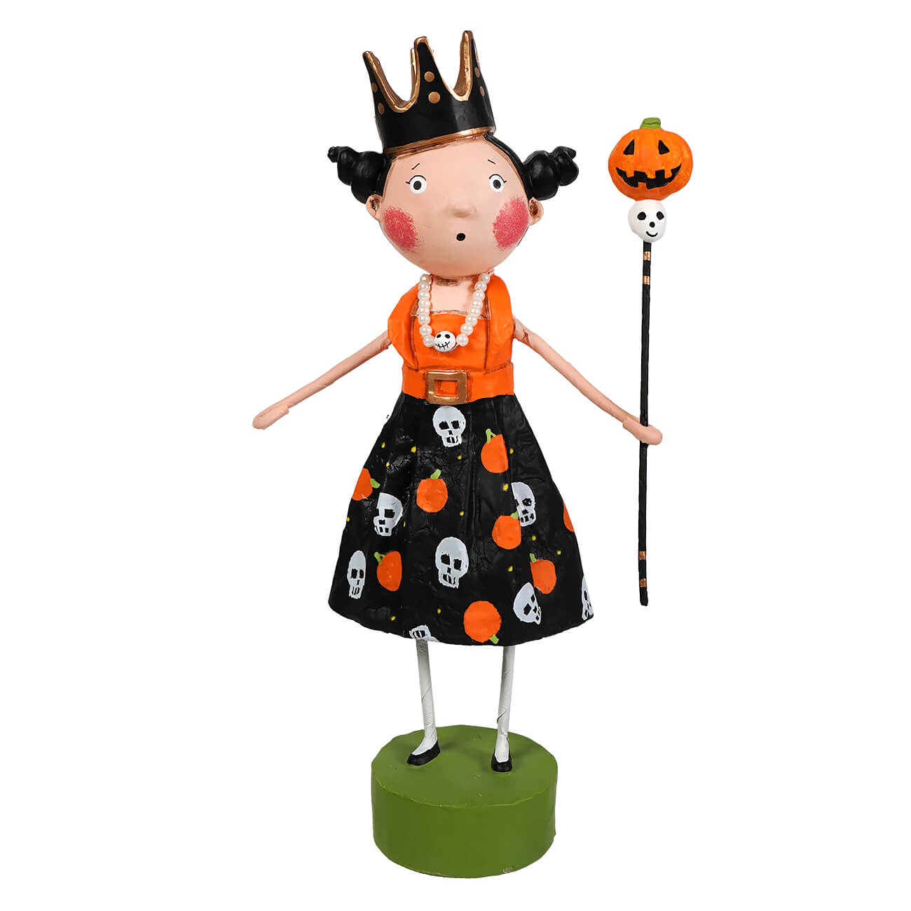 Halloween queen figurine by lori mitchell wearing orange and black with skull pumpkin patterns holding jack o lantern staff