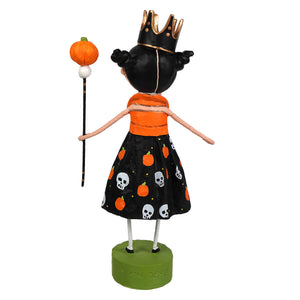 Whimsical lori mitchell halloween queen figurine of a crowned girl in orange and black holding a pumpkin staff