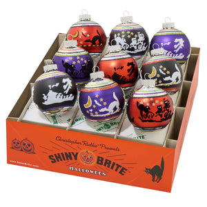 Halloween signature flocked rounds set 9 colorful glass round ornaments set with halloween decorated reflector designs