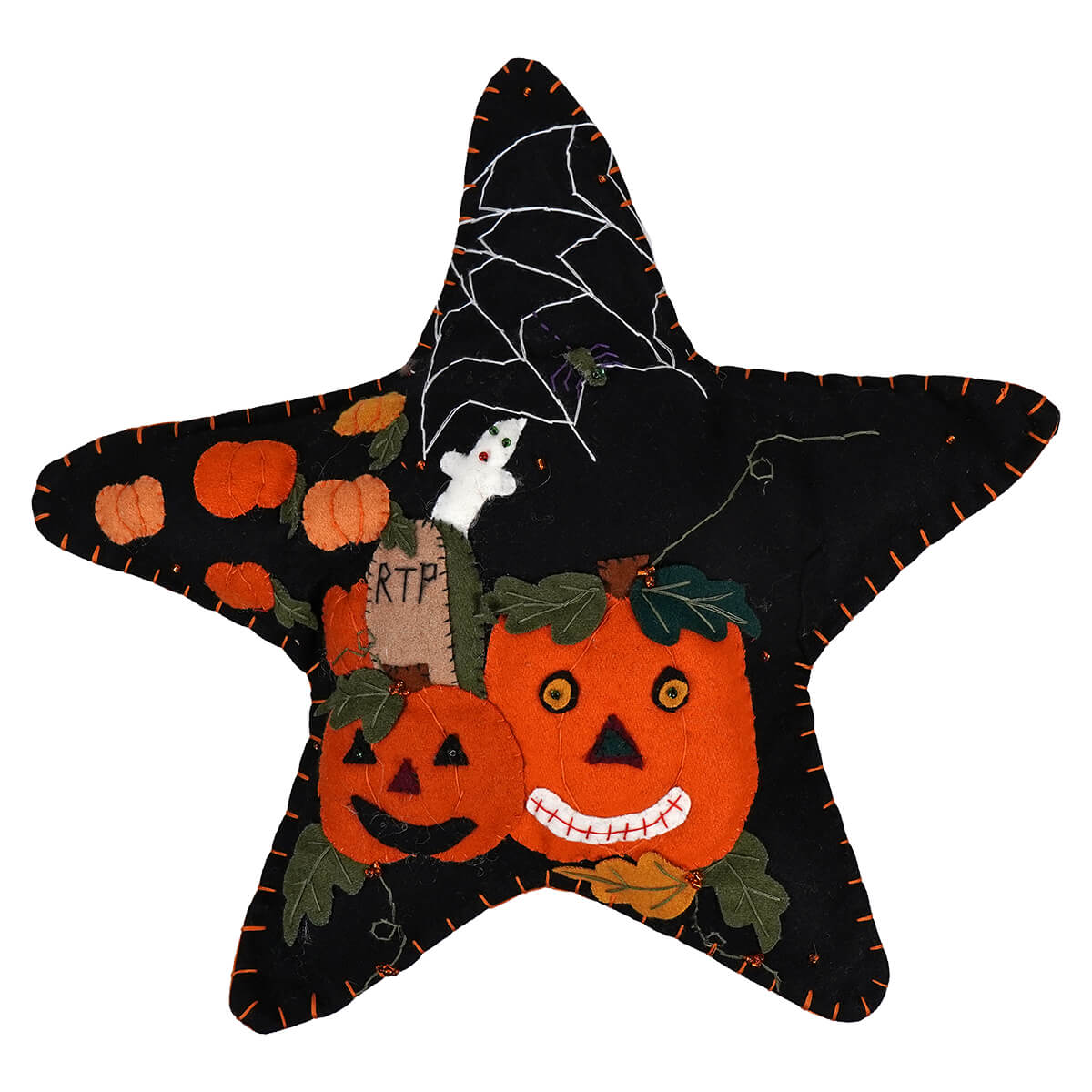 Black star shaped halloween pillows with orange pumpkins pillow and white ghost made of wool felt with stitched spiderwebs