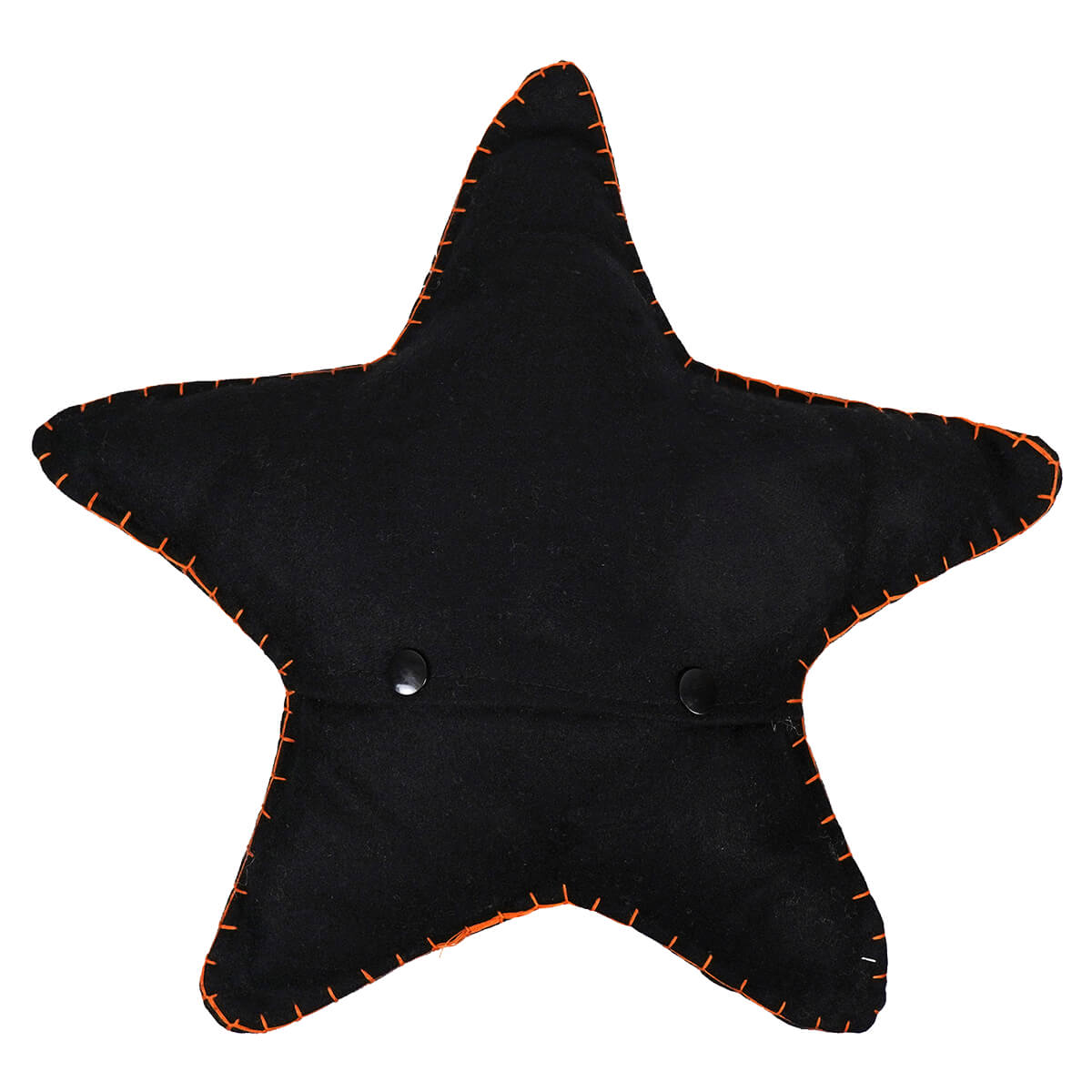 Black star-shaped wool felt halloween pillows with orange stitching and black snap buttons pumpkins pillow