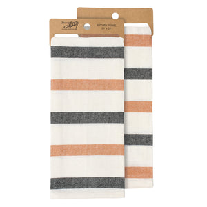 Two striped halloween stripe kitchen towels with orange and dark gray stripes perfect for breakfast inn kitchen use