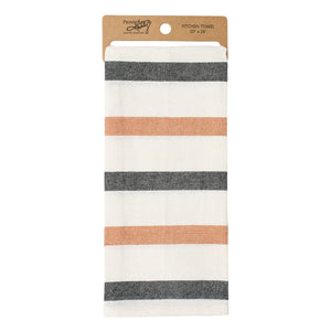 White kitchen towel with black and copper stripes in brown cardboard header perfect for dead and breakfast inn kitchen use