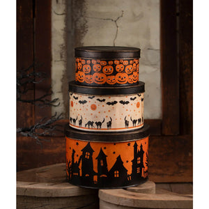Stacked halloween vintage tins set 3 with black lids and bethany lowe design pumpkins bats cats haunted houses