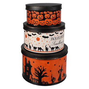 Stacked halloween vintage tins set 3 by bethany lowe with festive orange black metal tins and halloween designs