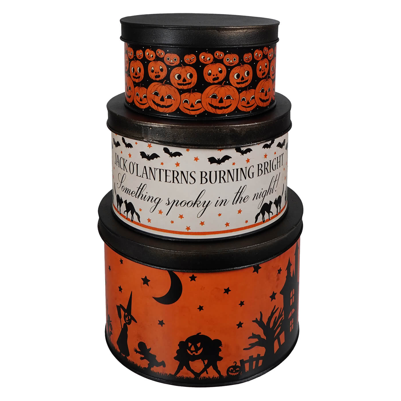 Set of three stacked halloween vintage tins by bethany lowe with black lids and spooky pumpkin bats witch designs