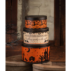 Stacked halloween vintage tins set of 3 by bethany lowe featuring metal orange and black jack o lantern and haunted house designs