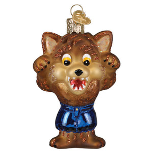 Brown glass halloween werewolf ornament with glittery fur, denim shorts, gold loop, perfect figural decor