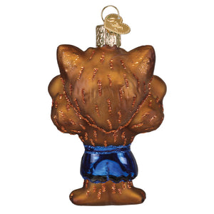 Brown glass halloween werewolf ornament with glittery fur, blue shorts, and gold heart tag perfect figural decor