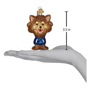 Brown glass halloween werewolf ornament with glittery fur, blue shirt, yellow eyes, red teeth, perfect figural decor