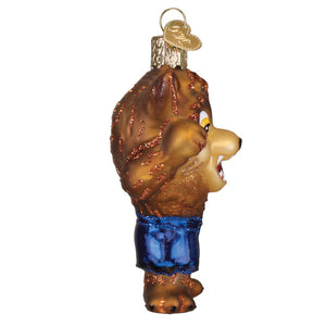 Brown glass Halloween werewolf ornament with glittery fur, blue shorts, and gold heart tag, perfect figural decor