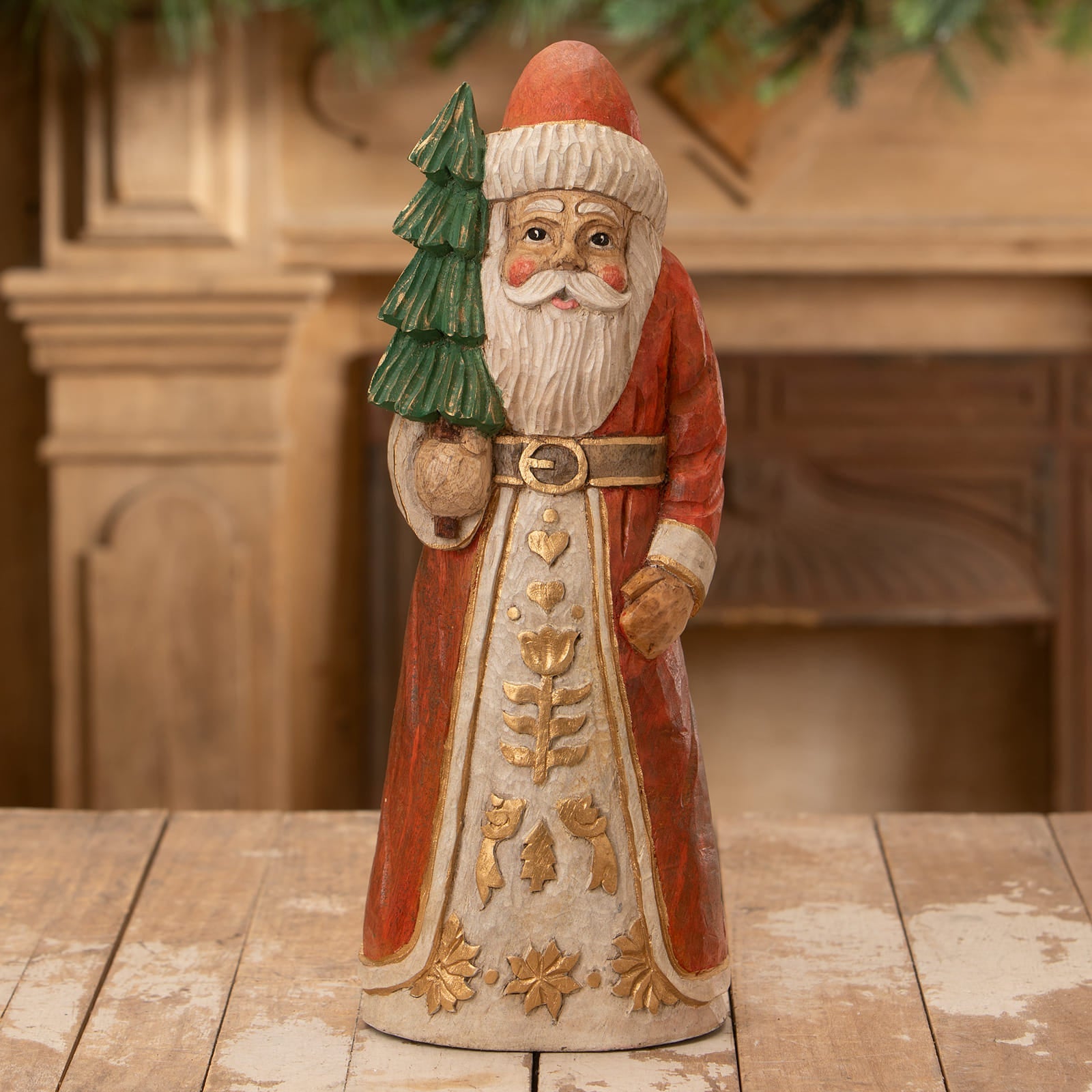 Hand carved elegant santa wooden figurine with red hat white beard and gold leaf robe from bethany lowe designs santa figures