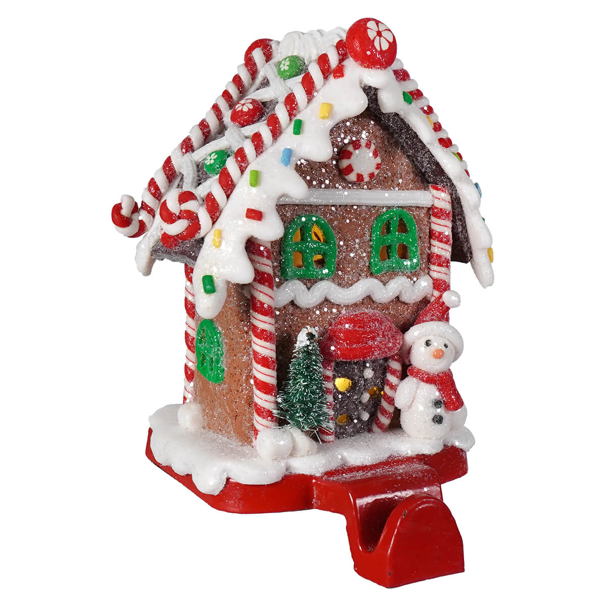 Hand-crafted led lighted gingerbread candy house stocking hanger with red and white candy cane trim and snowman figure