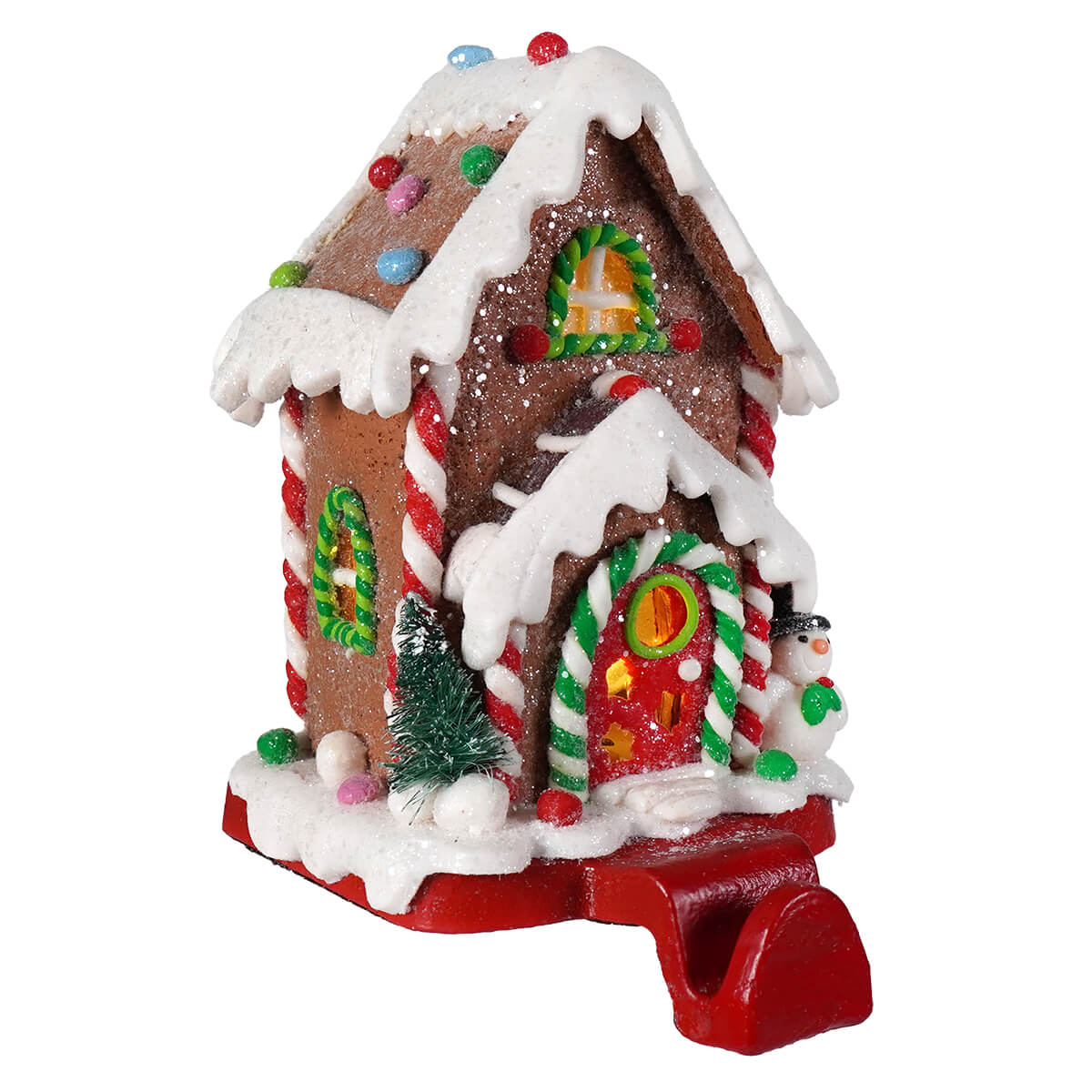 Hand-crafted led lighted gingerbread candy house stocking hanger with brown glittery exterior and colorful gumdrop decor