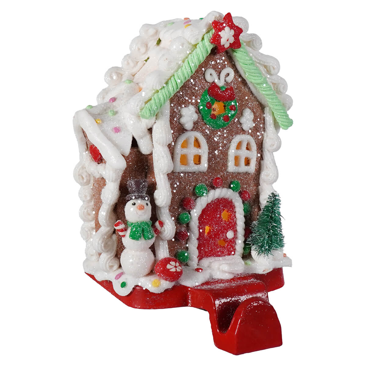 Hand-crafted led lighted gingerbread candy house ornament with glittery brown facade white icing and festive accents
