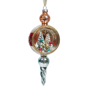 Hand-Painted Glass Diorama Finial Ornament with Bottle Brush Trees