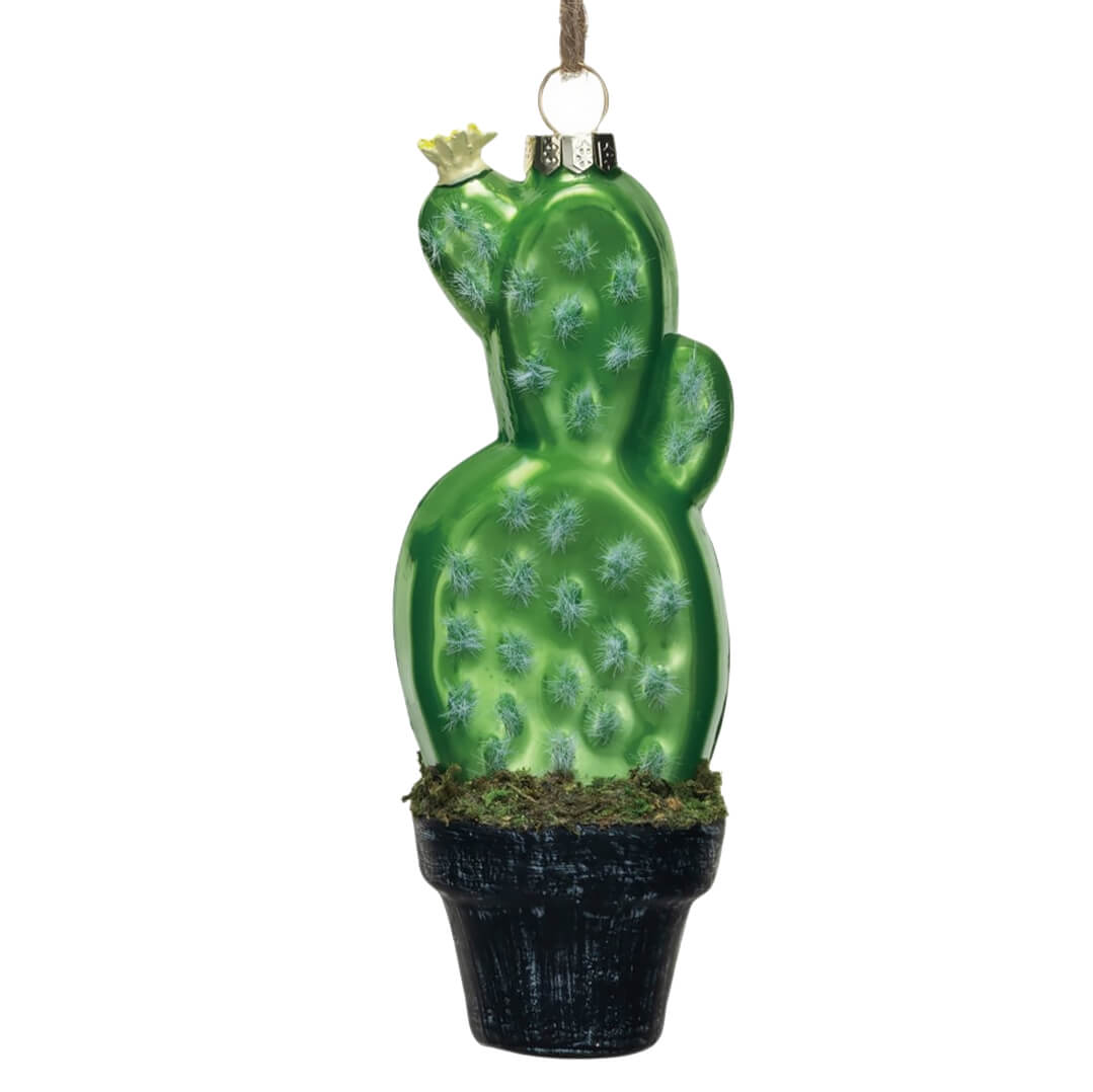 Glass Christmas tree ornament shaped like a potted cactus.