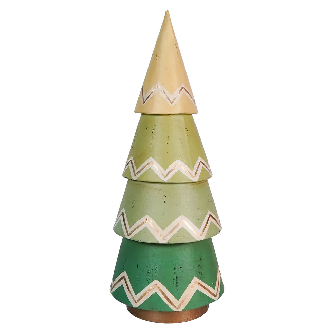 Stacked conical wooden ornament resembling a stylized Christmas tree with zigzag patterns.