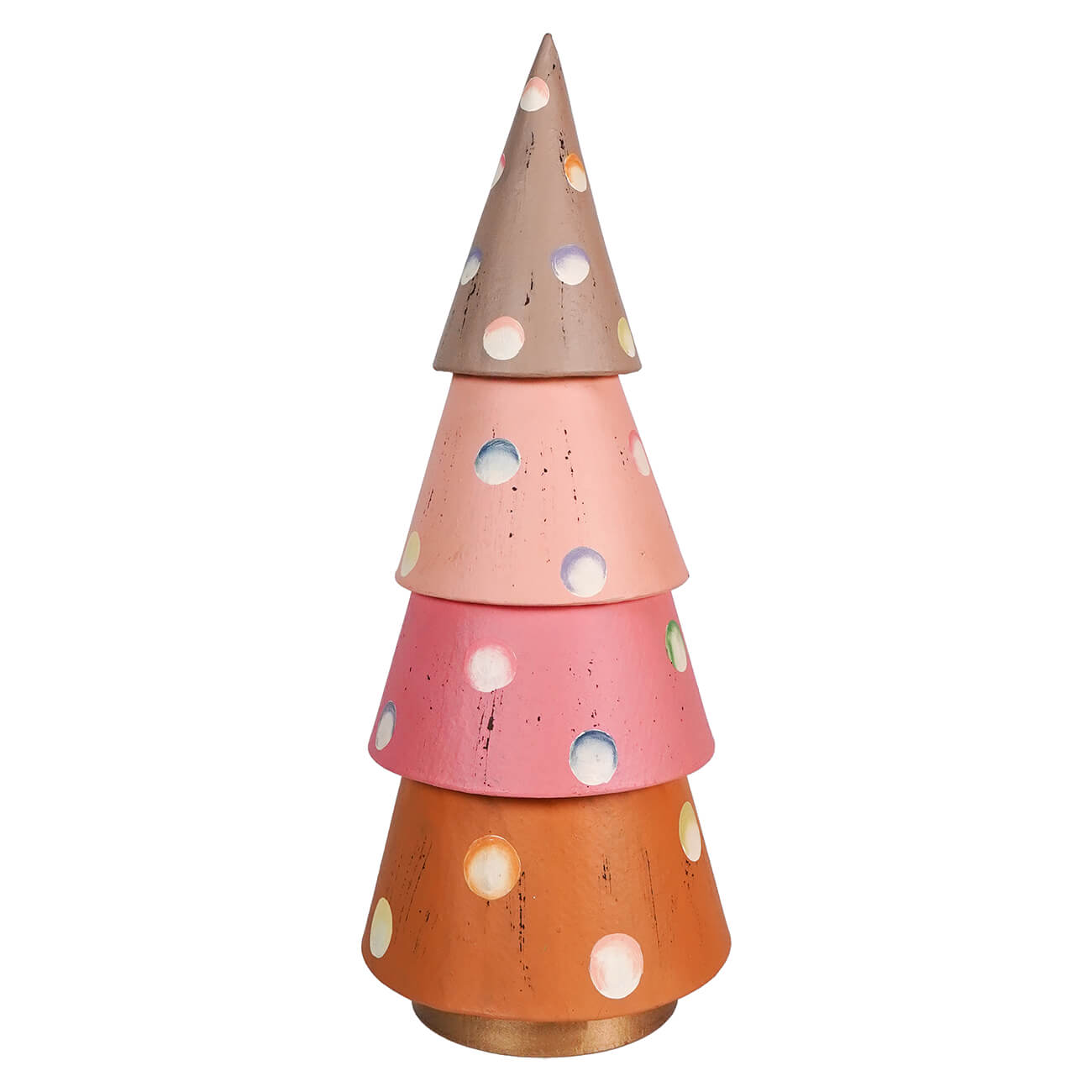 Stacked conical ornament resembling a stylized Christmas tree with polka dots.