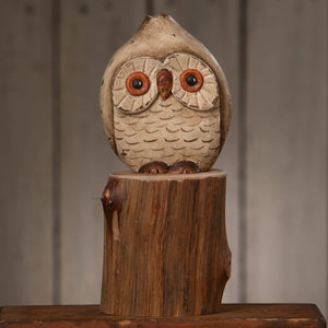 Handcarved 9 inch hoot owl wooden figurine with textured beige body and detailed feathers by bethany lowe design