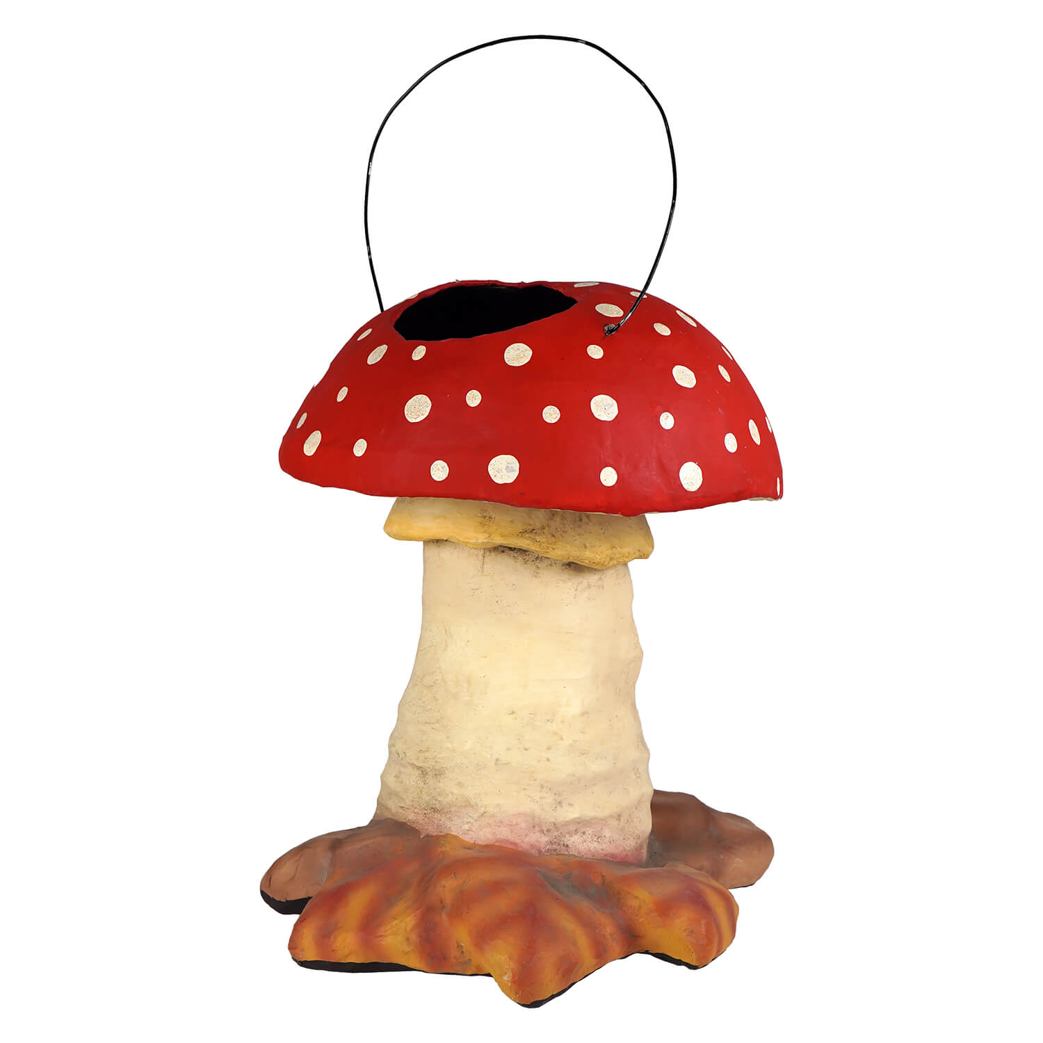 Handcrafted apparitional amaniya muscaria candy bucket shaped like a red mushroom with white polka dots perfect for halloween buckets & lanterns