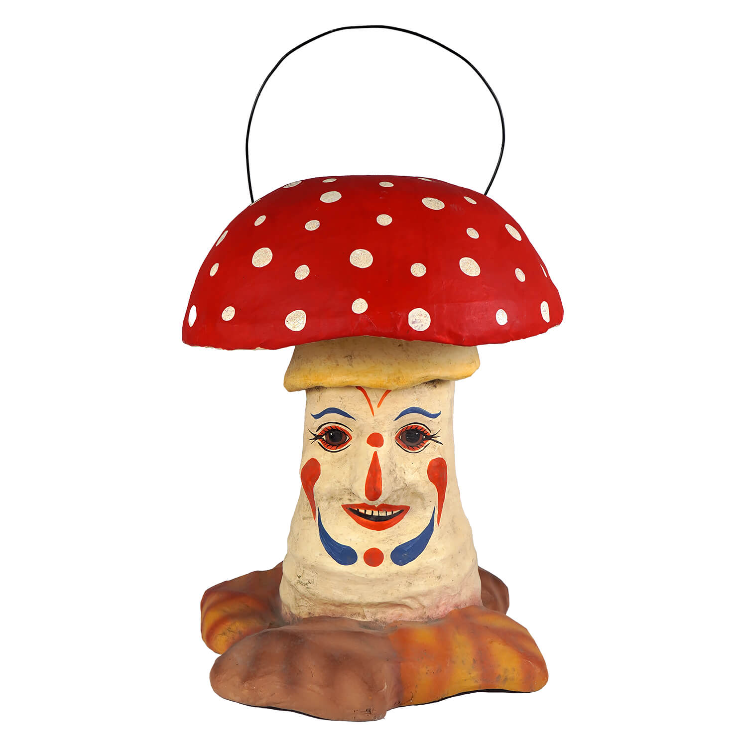 Handcrafted apparitional amaniya muscaria candy bucket is a red polka-dotted mushroom lantern with clown face and black handle perfect for halloween buckets and lanterns