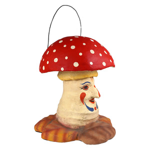 Handcrafted apparitional amaniya muscaria candy bucket is a red mushroom-shaped hanging lantern with clown face, perfect for halloween buckets and lanterns