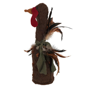 Handcrafted baby bird turkey plush wine bottle cover in brown with red wattle orange beak and decorative feathers tied around body