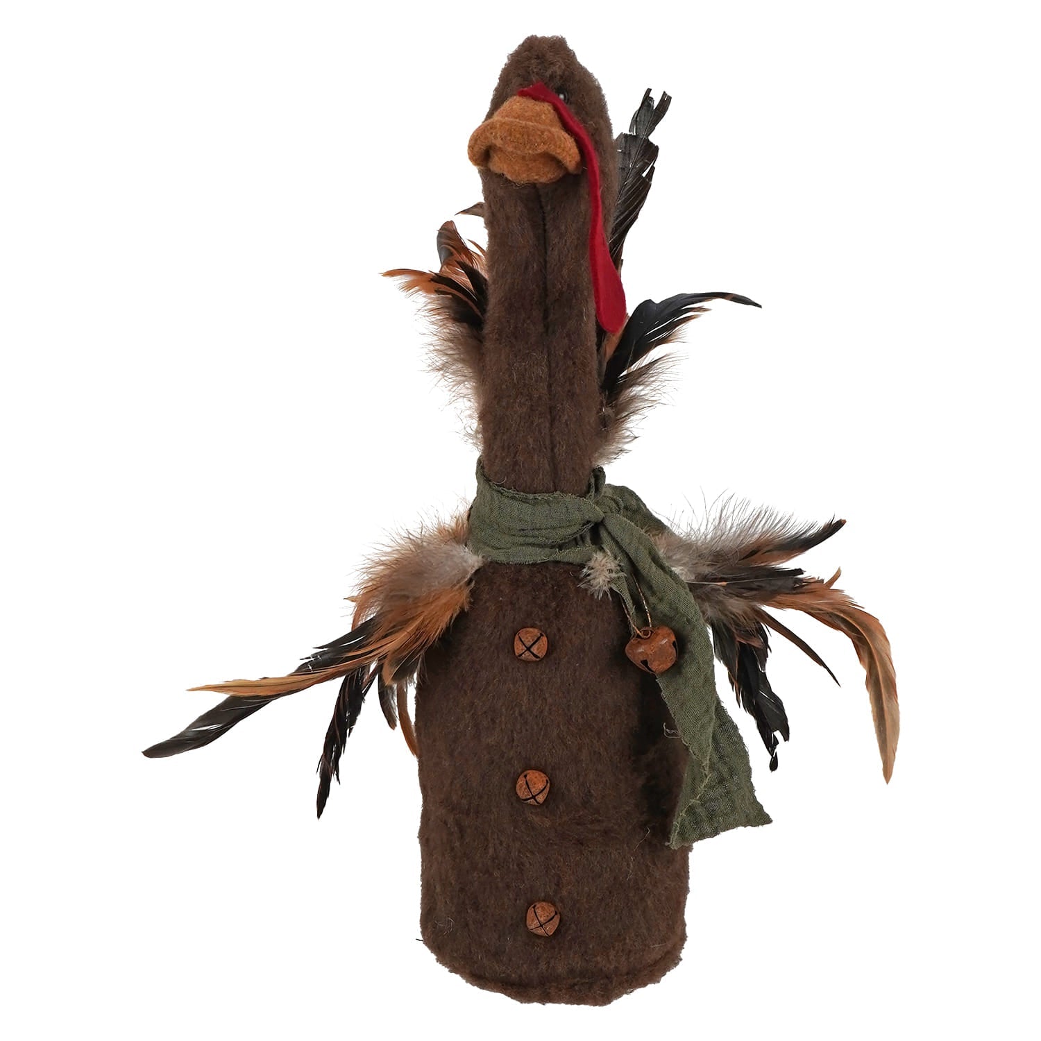 Brown plush handcrafted baby bird turkey bottle cover with feathers red scarf and wooden buttons