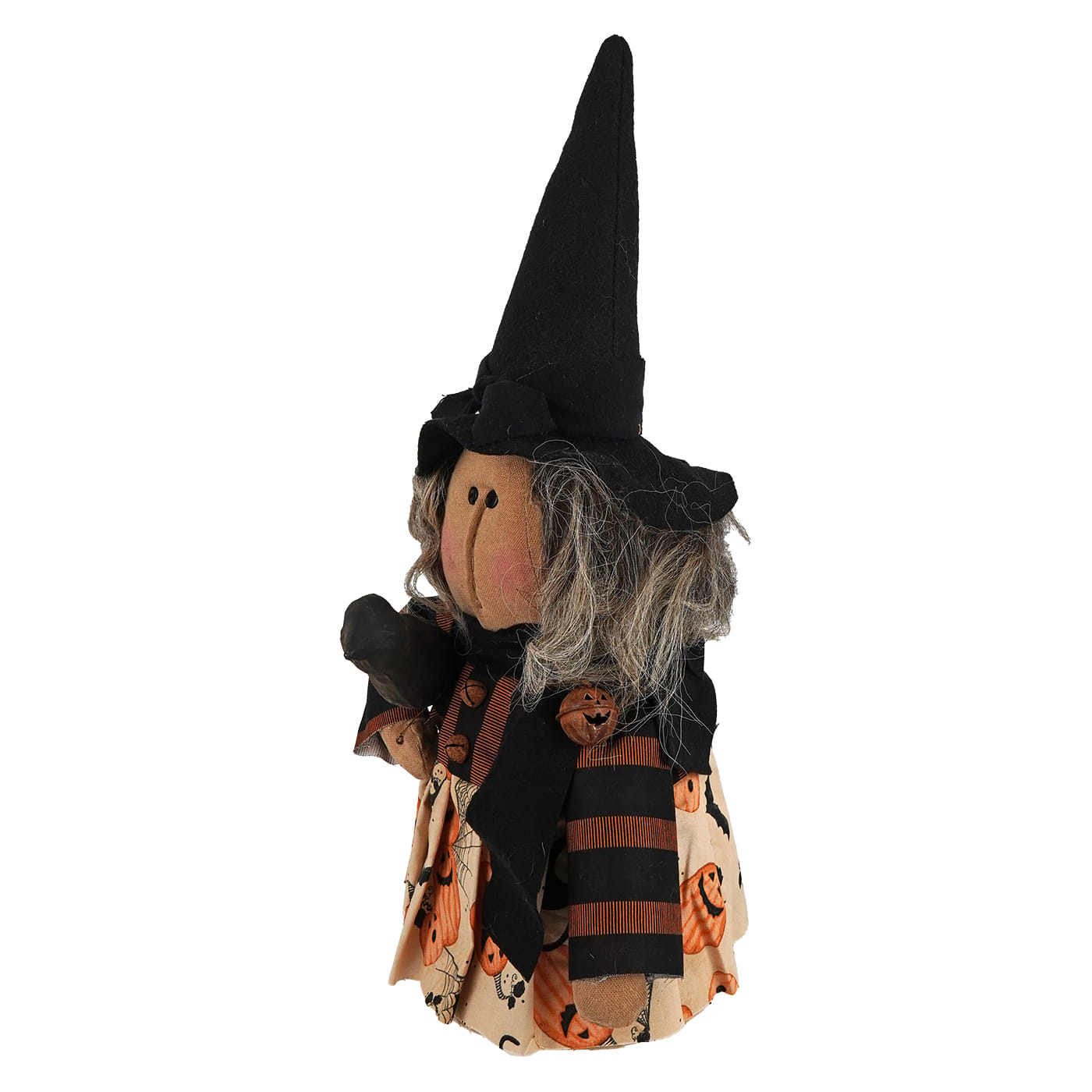 Handcrafted halloween themed dress witch figurine with tall black hat gray yarn hair and pumpkin patterned beige dress ideal for figural decor