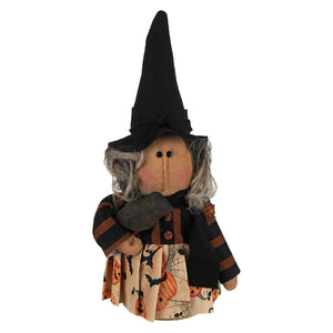 Handcrafted halloween witch doll with tall black hat gray yarn hair beige pumpkin dress perfect figural decor or tree toppers