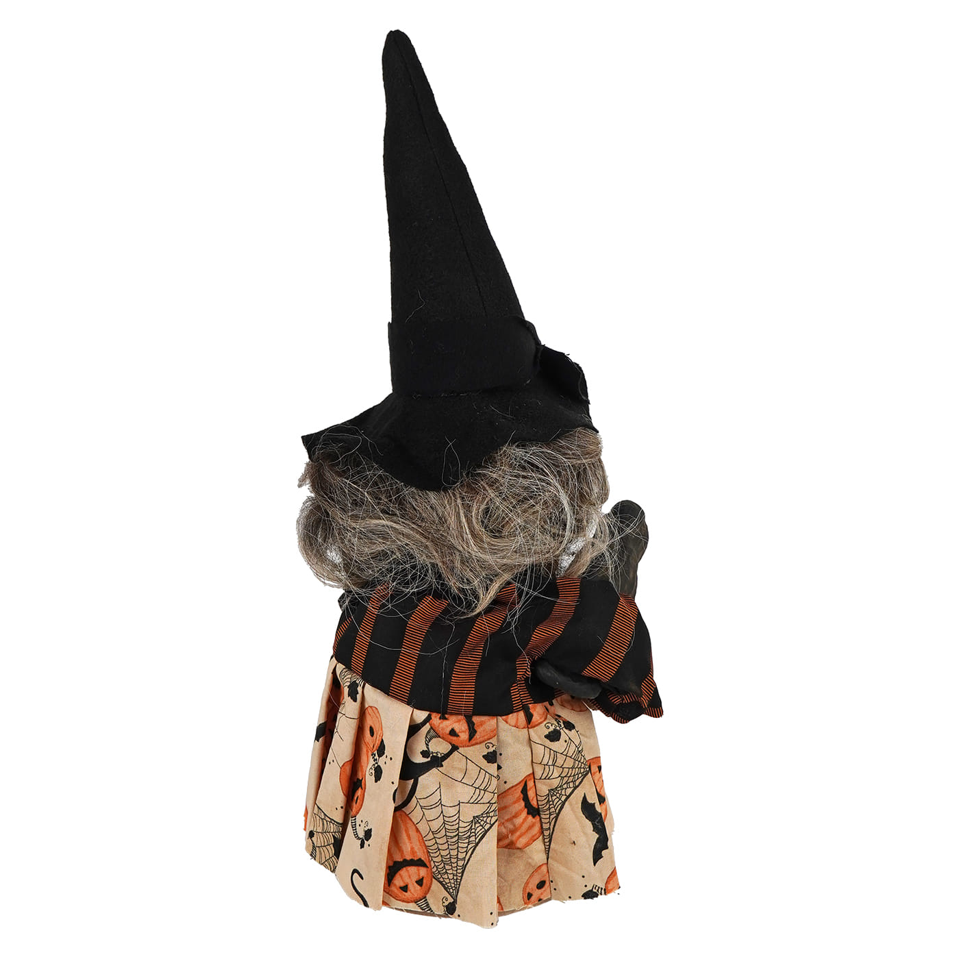 Handcrafted halloween witch figurine with tall black hat gray yarn hair beige skirt with pumpkins spiderwebs figural decor