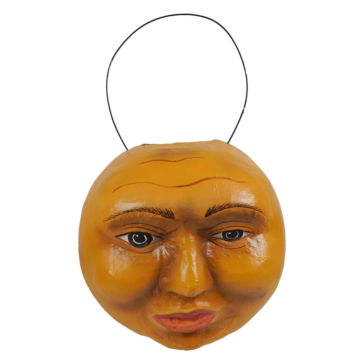 Handcrafted harvest moon candy bucket in golden yellow with detailed face and black wire handle for halloween buckets and lanterns