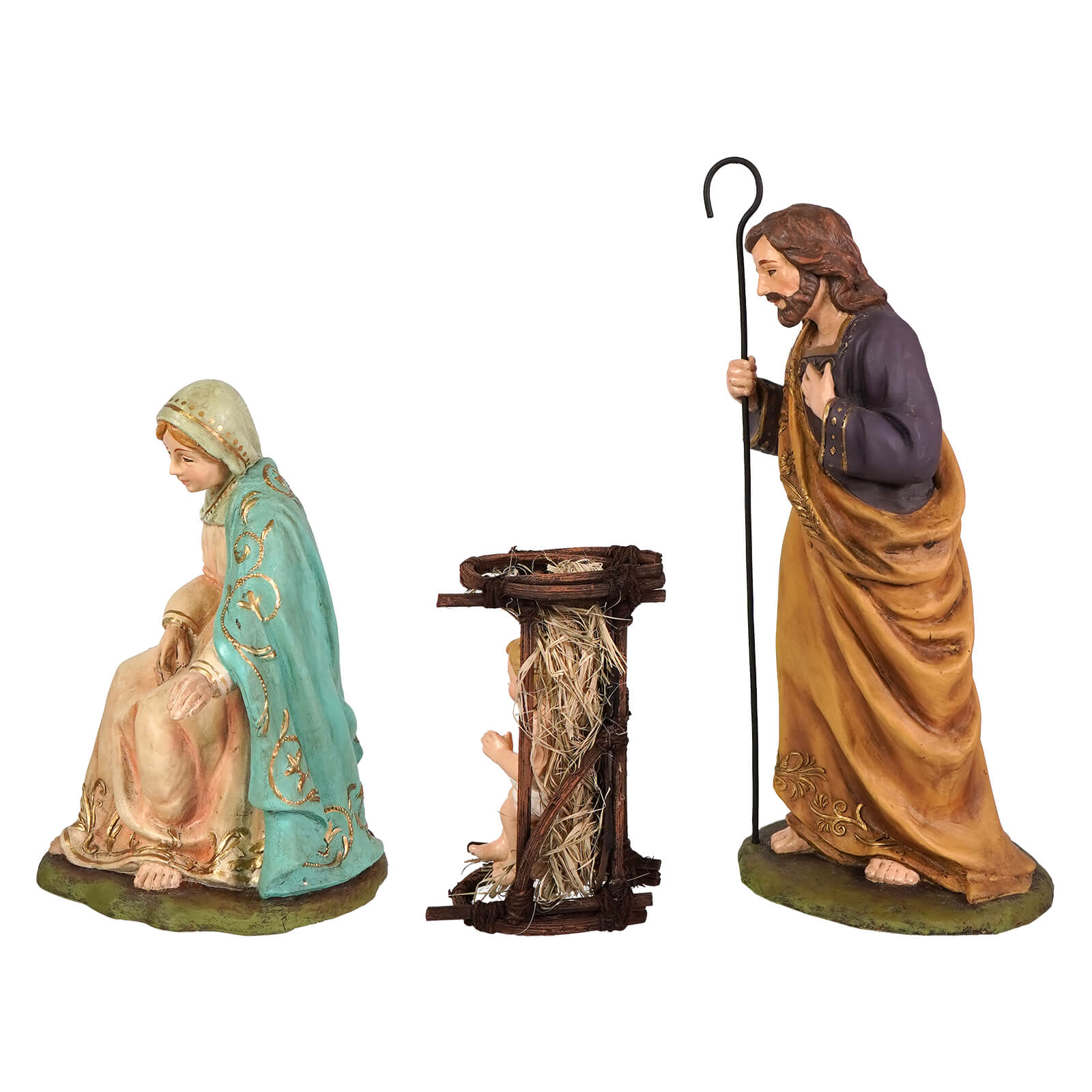 Handcrafted holy family set three resin figures mary in teal gold, joseph with staff brown cloak, straw manger white nativity set
