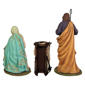 Handcrafted holy family set 3 resin nativity scene with mary turquoise robe joseph purple tunic and ornate manger straw