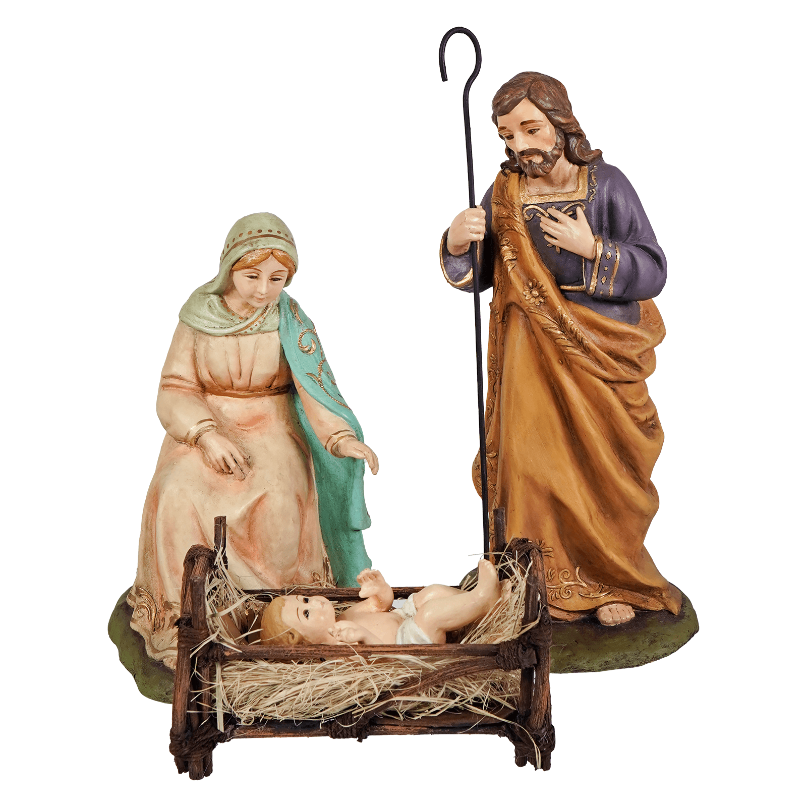 Handcrafted holy family set 3 resin nativity with joseph in purple and gold, mary in peach teal, baby jesus in wooden manger white nativity set