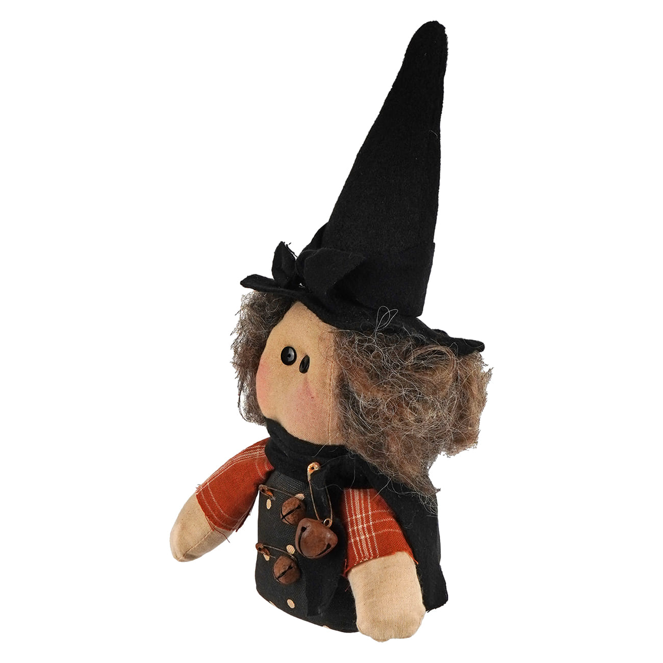 Handcrafted itty bitty witch plush with tall black velvet hat brown yarn hair and orange plaid shirt for figural decor