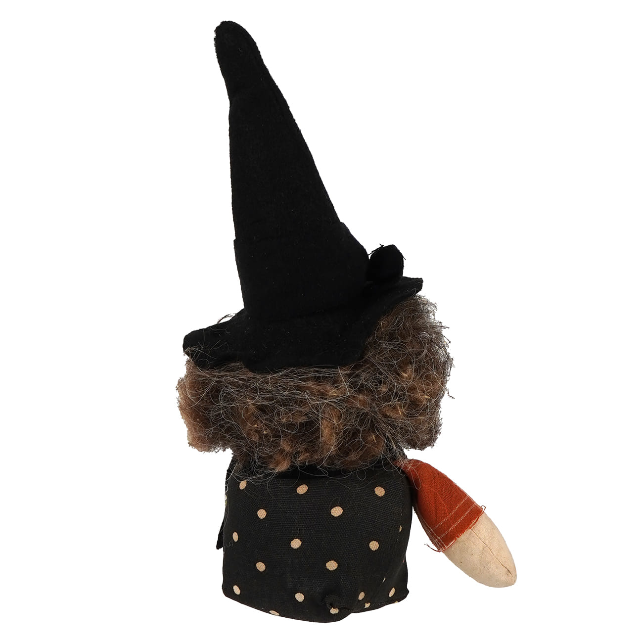 Handcrafted itty bitty witch figurine with tall pointed hat brown hair black polka dot dress figural decor option