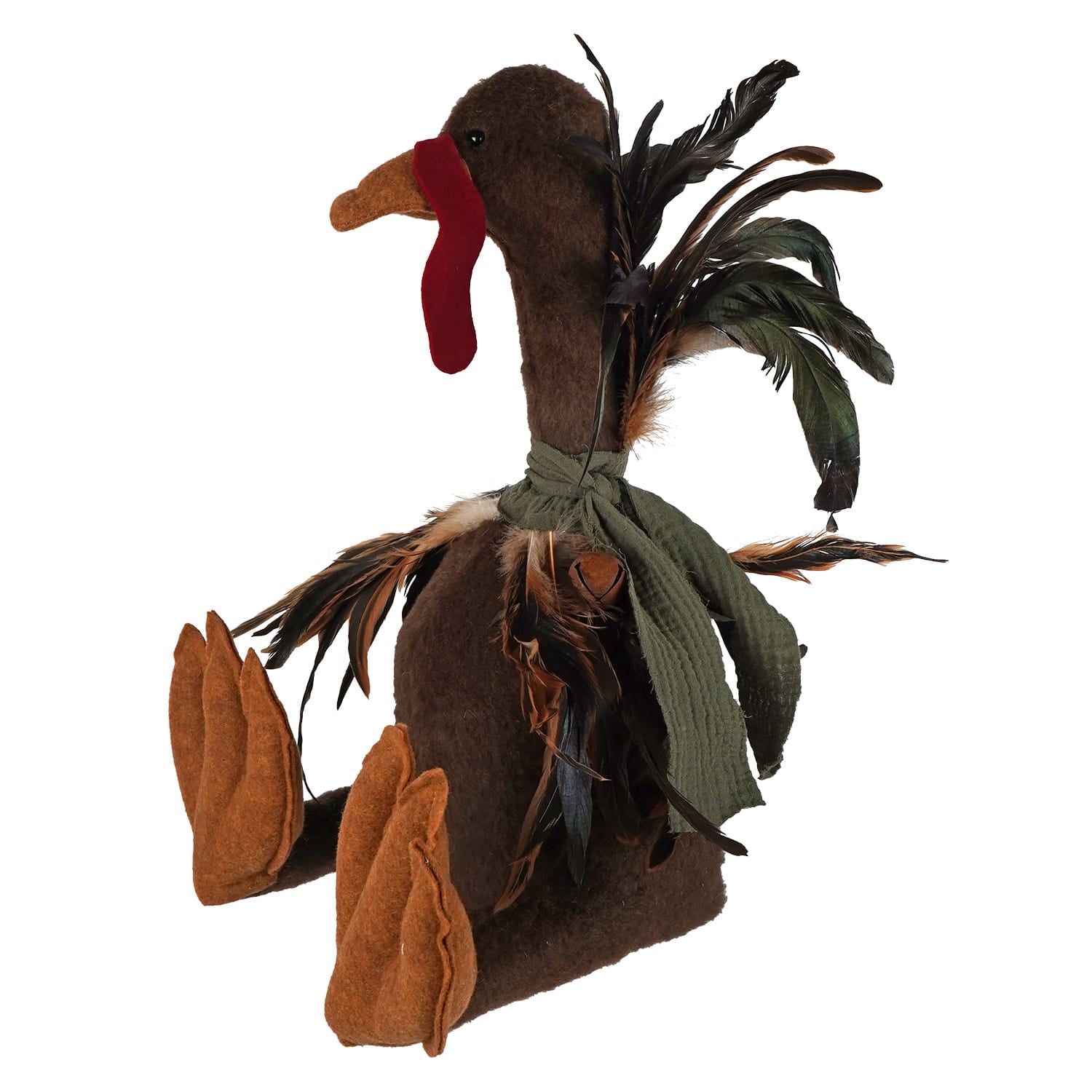 Handcrafted large sitting turkey plush with brown and black feathers red wattle orange beak and olive green sash