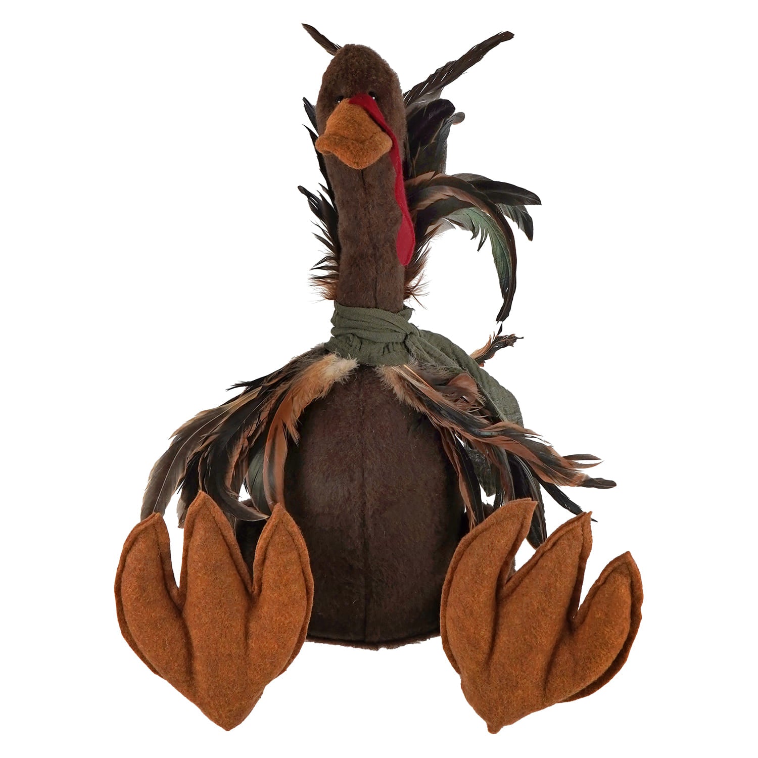 Handcrafted large sitting turkey plush in brown with orange beak, red wattle, and detailed feathers