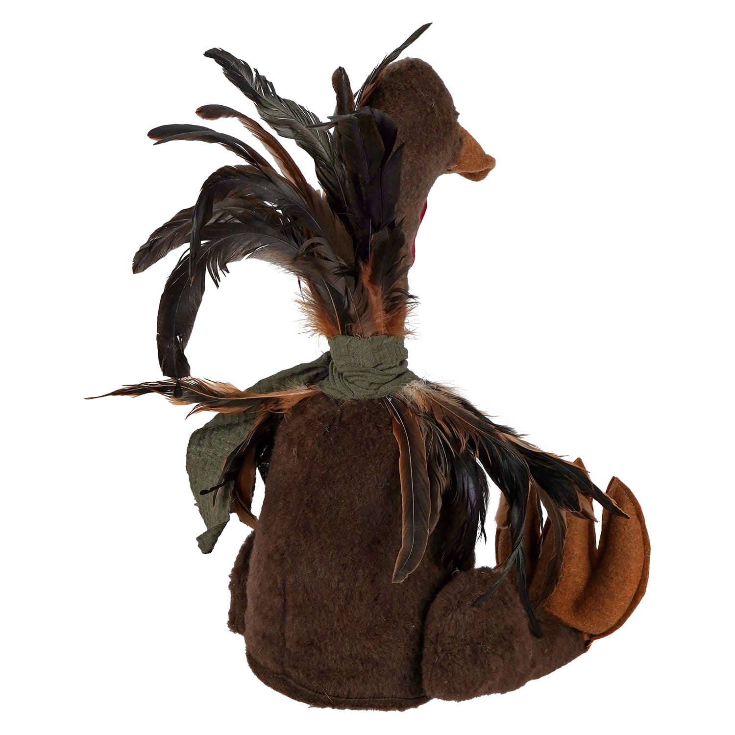 Handcrafted large sitting turkey figurine made of brown felt with black and brown feathers and green fabric band