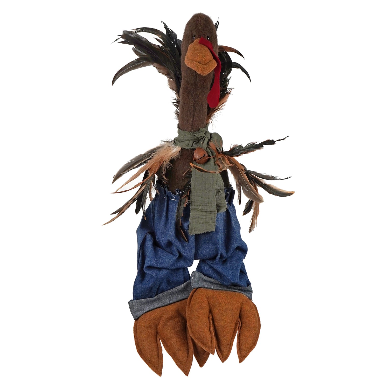A handcrafted large sitting turkey figurine in brown with feathered wings wearing blue denim pants and a green scarf