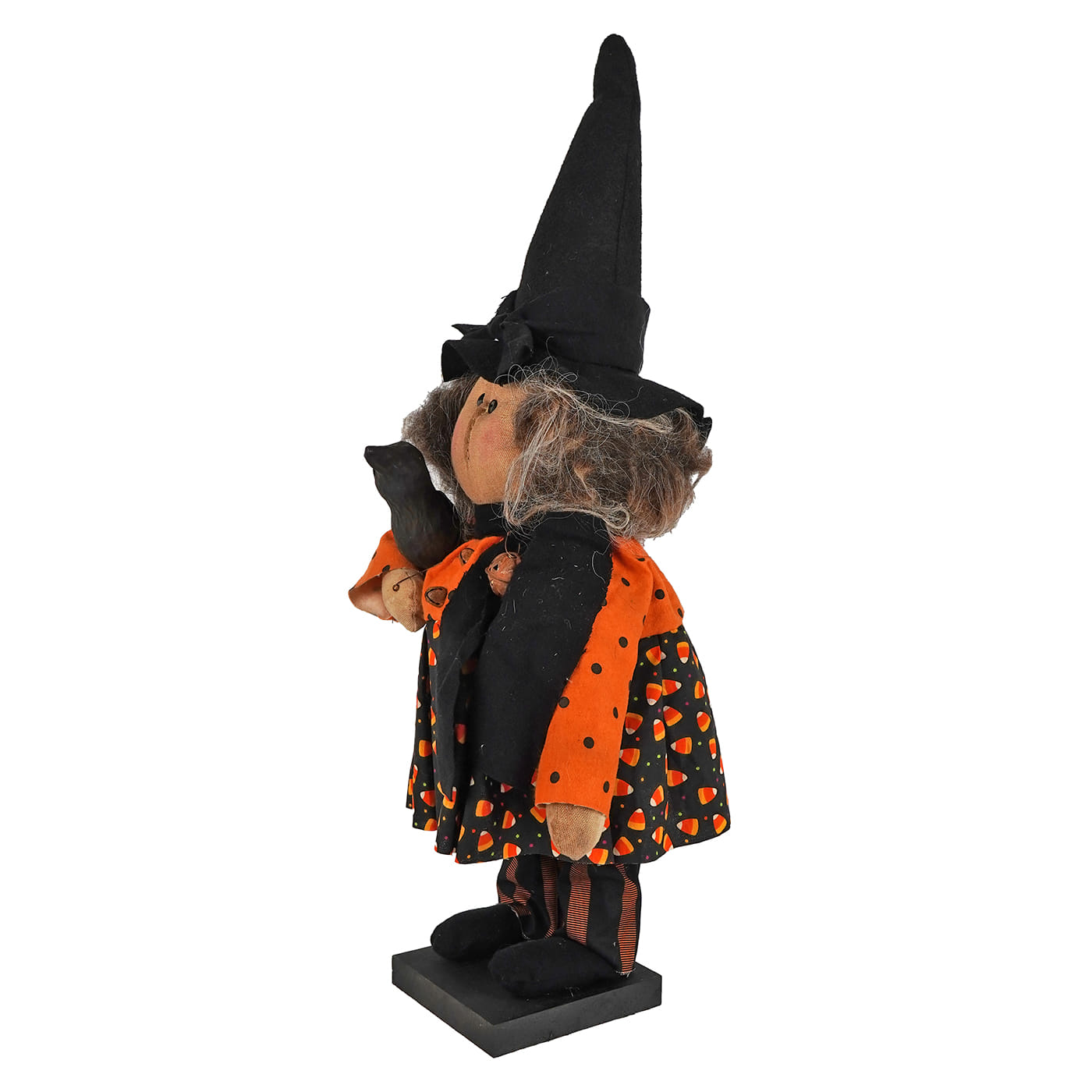 Handcrafted large standing candy corn dress witch figurine in orange and black holding crow with gray yarn hair ideal figural decor