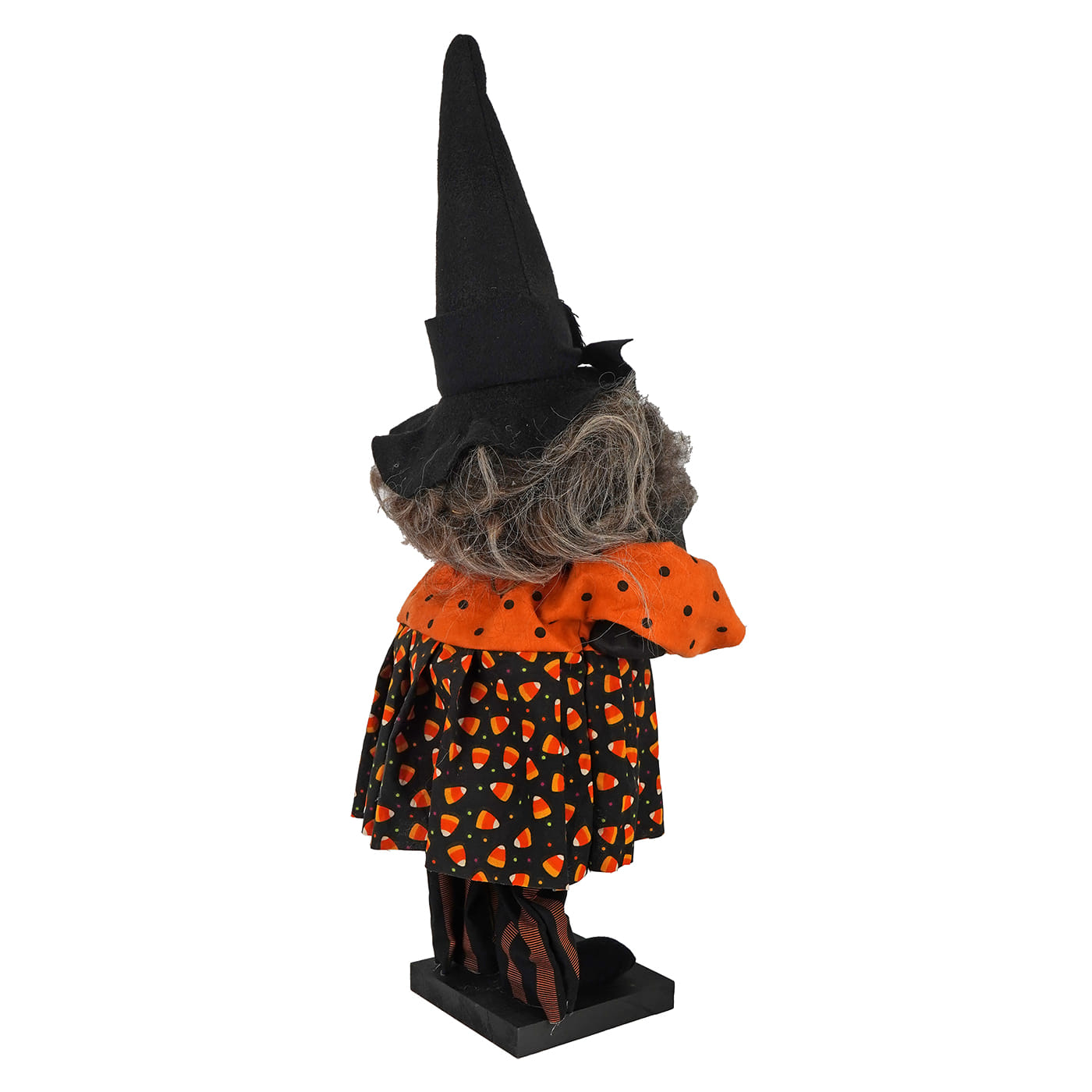 Handcrafted large standing candy corn dress witch figurine with tall black hat gray hair and orange polka dot scarf perfect figural decor