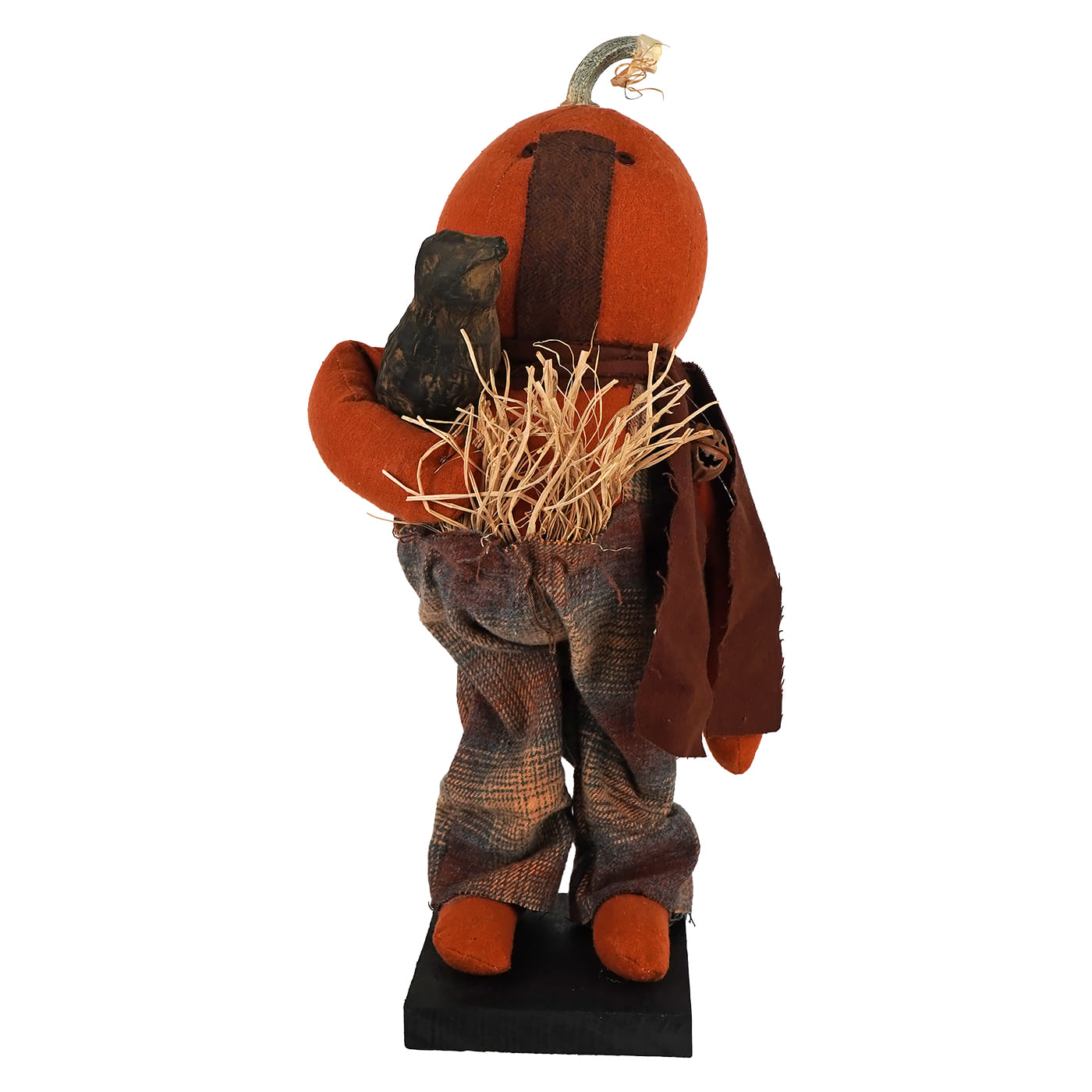 Rustic orange albert standing scarecrow figurine with plaid pants holding a black cat perfect for fall figural decor
